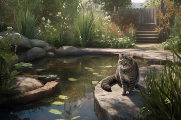 cat next to a pond