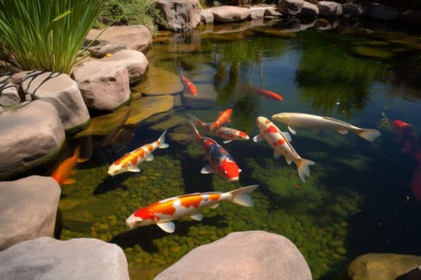 koi fish in clear pond water