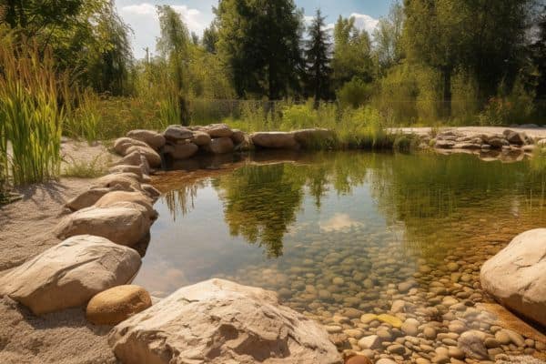 rocks edging a large pond