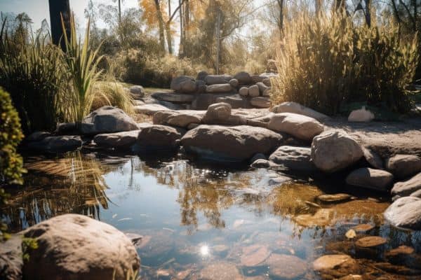 large rocks around a pond