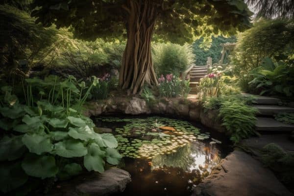 pond underneath shady tree