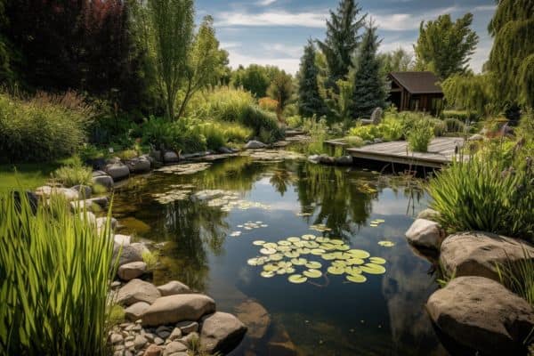 a backyard pond in the midday sun