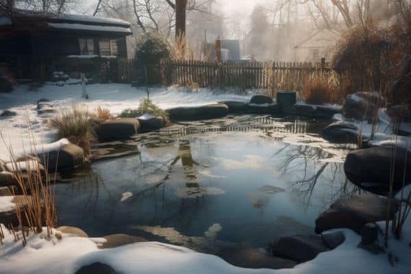backyard pond in winter