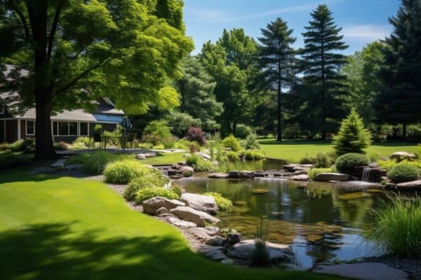 a pond surrounded by a manicured lawn