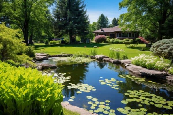 pond located near a house