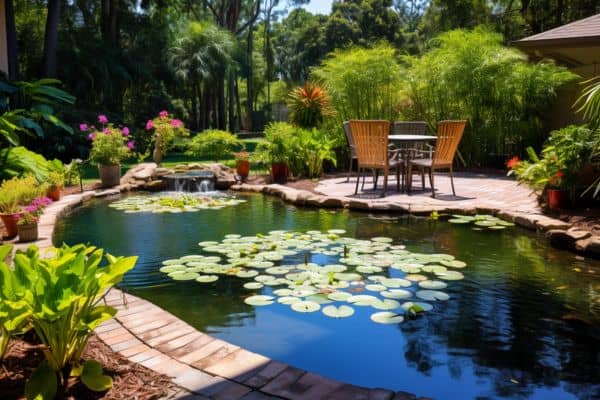 filling a backyard pond with water