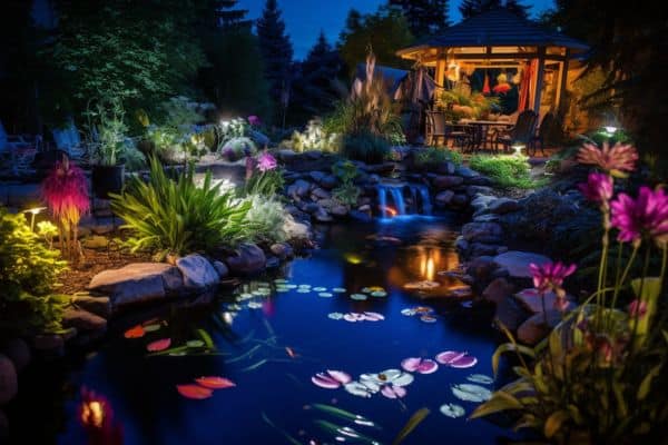 backyard pond lit up at night