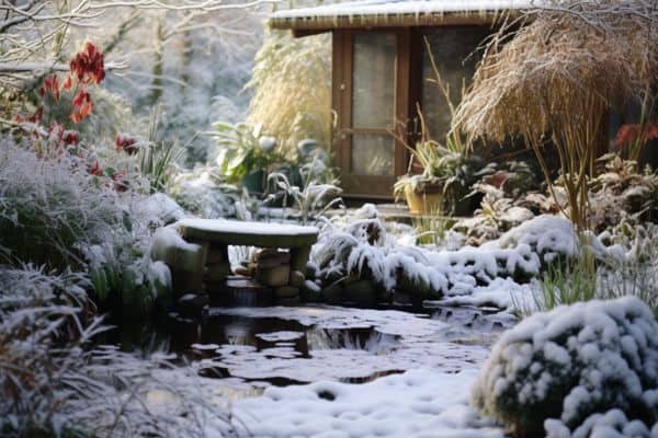 pond plants in the snow