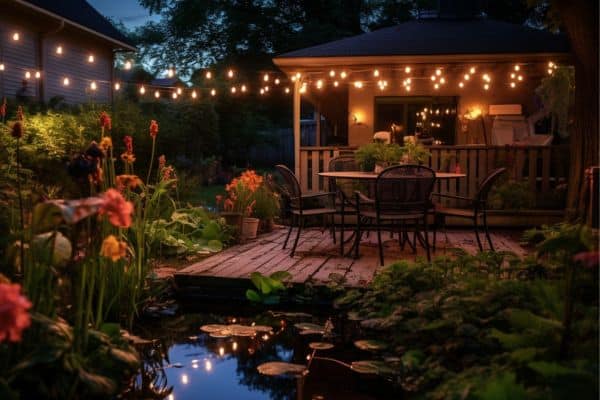 string lights above a pond