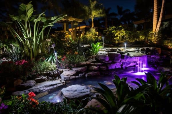 pond waterfall illuminated at night