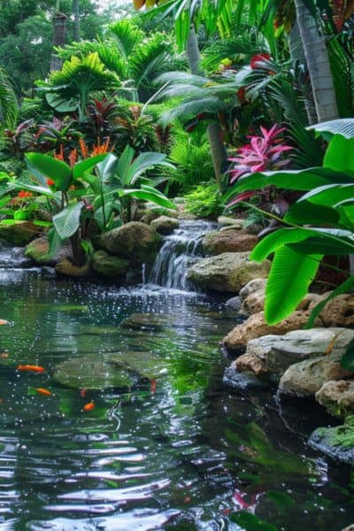 a beautiful pond surrounded by tropical pond plants